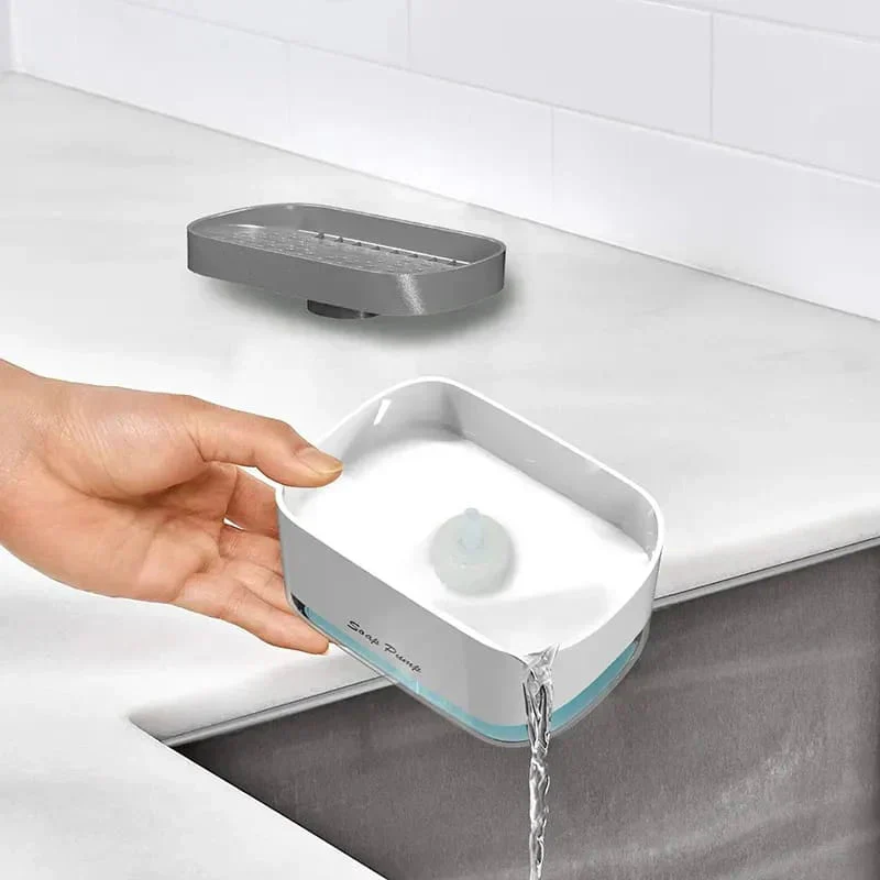 Soap dispenser with built-in sponge holder for a clutter-free sink.