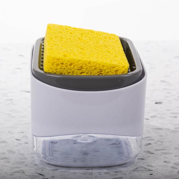 Soap dispenser with built-in sponge holder for a clutter-free sink.