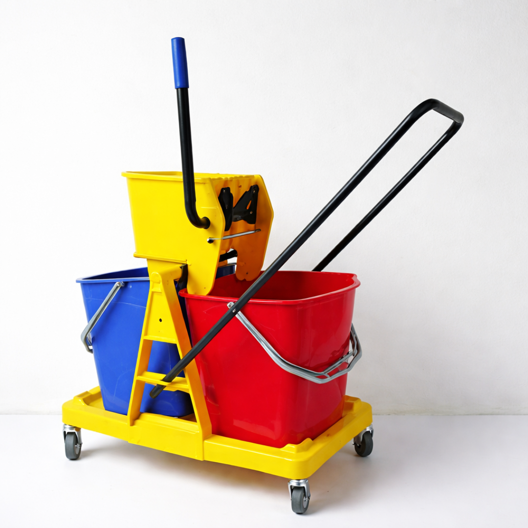 Zidello double mop wringer bucket with dual compartments, heavy-duty wringer, metal handle, caster wheels, and capacity for professional floor cleaning.