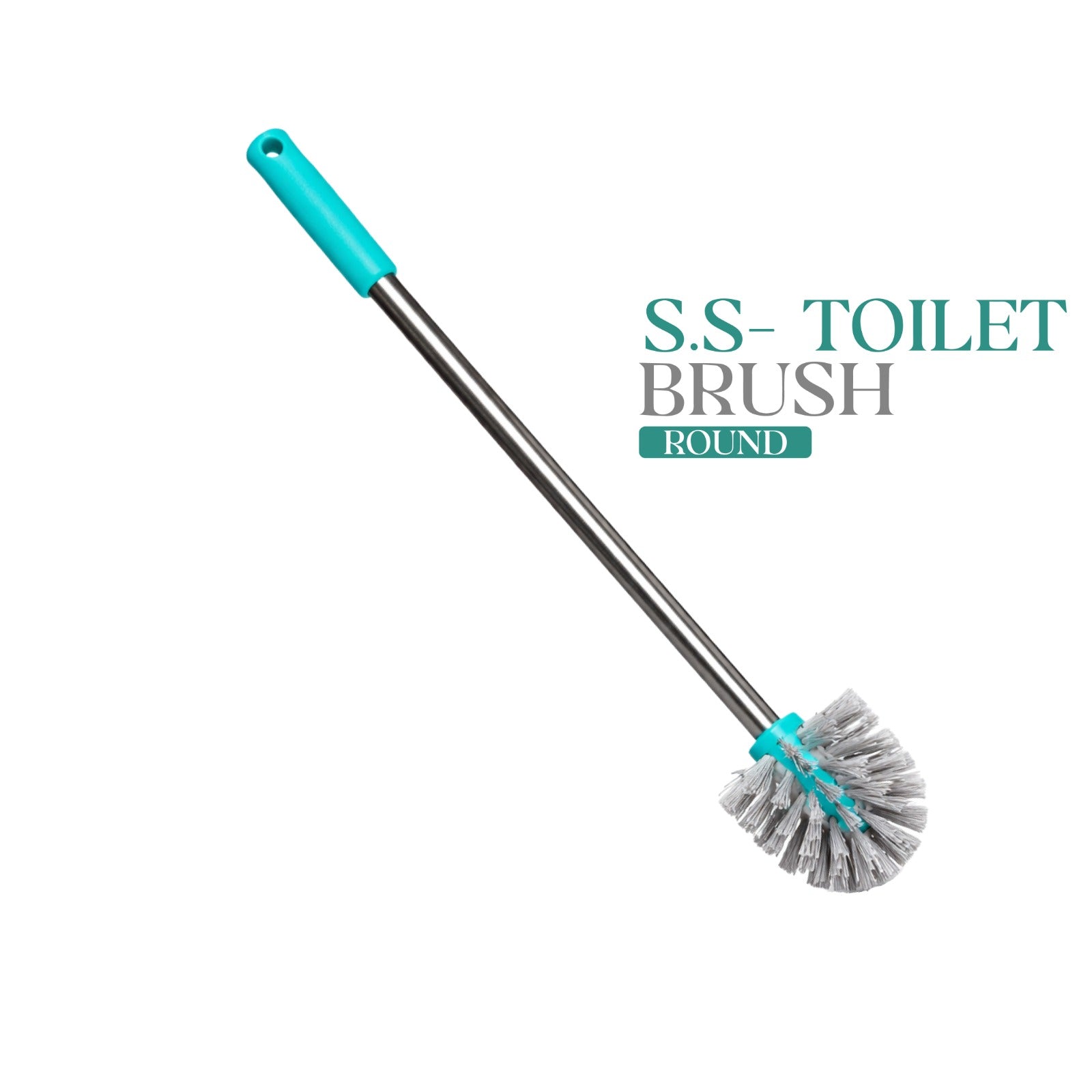 zidello Stainless steel toilet brush with turquoise handle and dense grey bristles cleaning a white toilet bowl with foamy water.