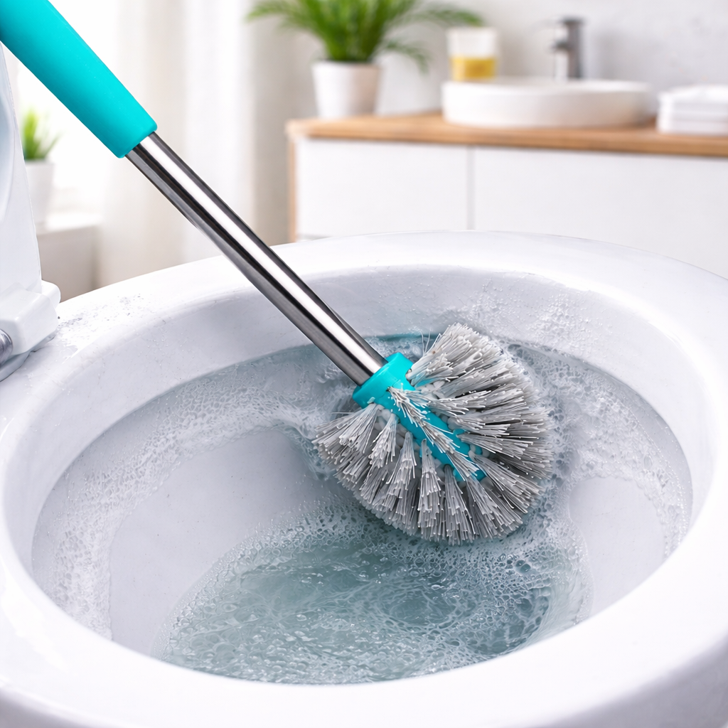 zidello Stainless steel toilet brush with turquoise handle and dense grey bristles cleaning a white toilet bowl with foamy water.